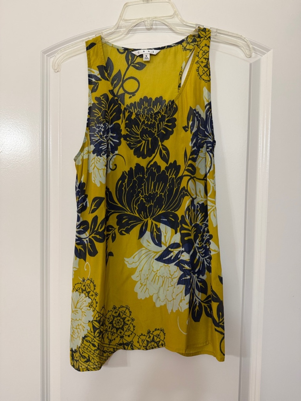 CAbi Mustard Floral Tank with Navy and Cream Blooms